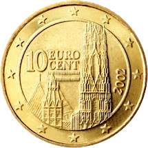 10_euro_cent_Austria Nationale Motivseite einer österreichischen 10-Eurocent-Münze mit den Stephansdom.